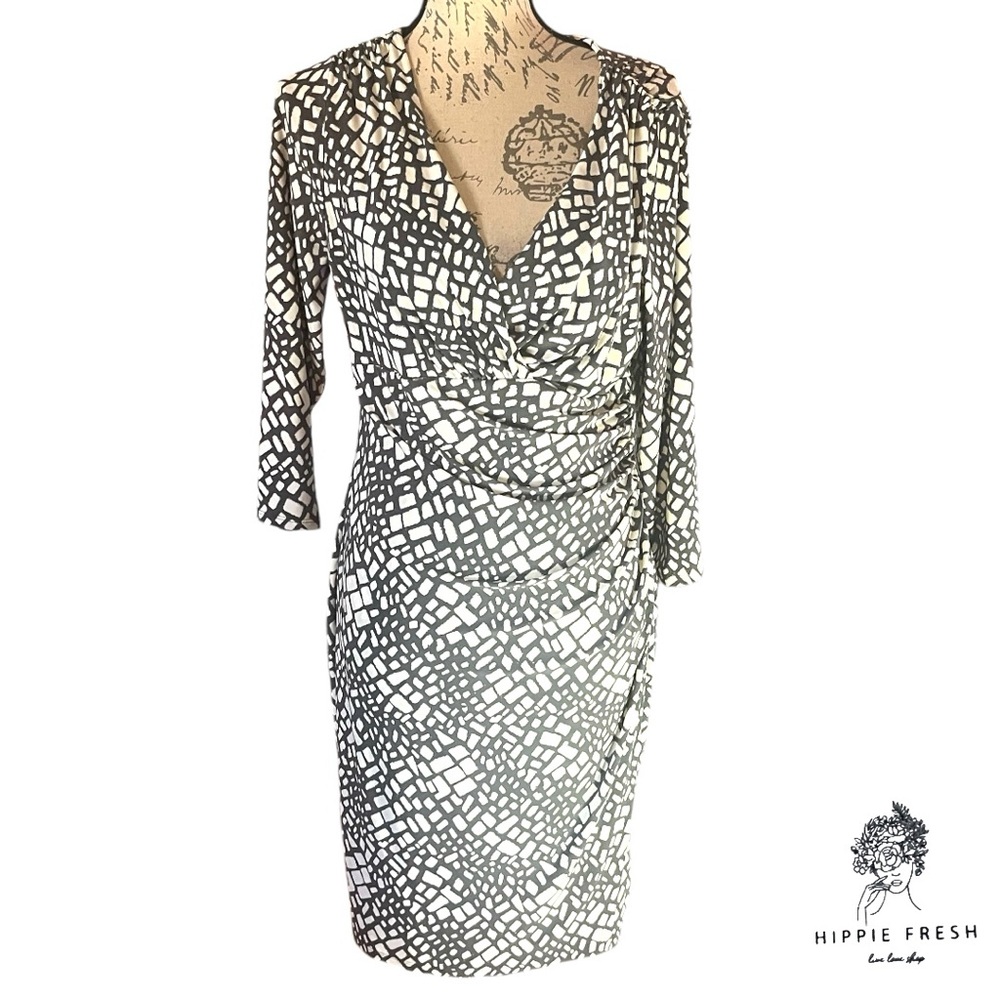 LAUREN RALPH LAUREN Gray White Geometric Print Ruched Side Faux Wrap Dress 14P - Picture 2 of 10
